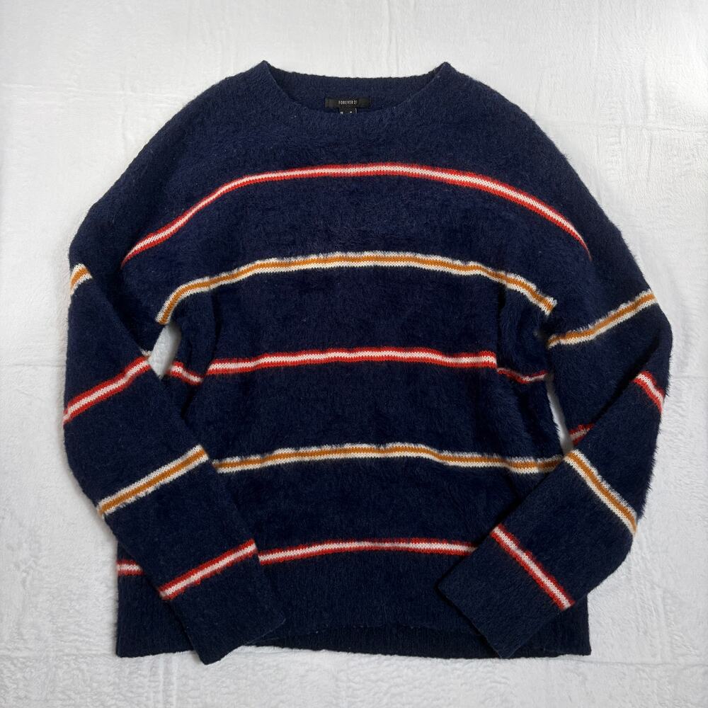 Forever 21 Striped Faux Fur Sweater Women's M Navy Fall Normcore Indie Retro Y2K
